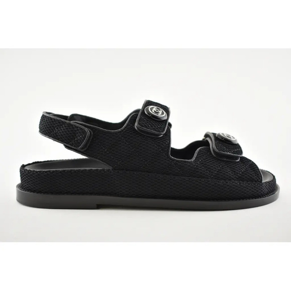 Chanel 21C Black Fabric Silver Logo Mule Slide Strap Flat Teva Dad Sandal 35.5 - Picture 2 of 12